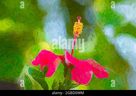 Pittura digitale di un hibiscus rosso in fiore. Foto Stock