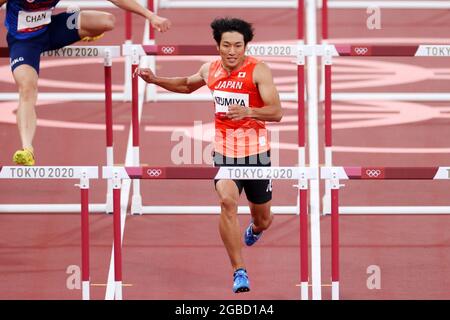 Tokyo, Giappone. 03 2021 agosto: Tokyo, Giappone. 3 agosto 2021. Shunsuke Izumiya (JPN) Atletica : uomini 110m Hurdles Round 1 durante i Giochi Olimpici di Tokyo 2020 allo Stadio Nazionale di Tokyo, Giappone . Credit: Naoki Nishimura/AFLO SPORT/Alamy Live News Foto Stock