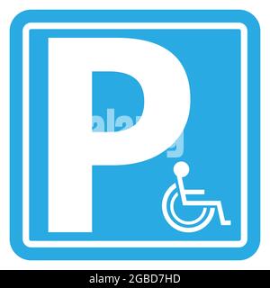 Parcheggio in background per disabili. Cartello blu per sedia a rotelle. Set di icone per disabili. Parcheggio. Foto Stock