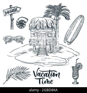 Bungalow di legno sotto la palma su isola tropicale, vettore disegno a mano illustrazione del paesaggio. Elementi di design per le vacanze estive. Tavola da surf, palma Illustrazione Vettoriale