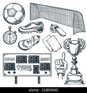 Attrezzature sportive da calcio. Illustrazione dello schizzo disegnata a mano dal vettore. Pallina da calcio, tabellone, gol e coppe trofei, isolate su sfondo bianco Illustrazione Vettoriale