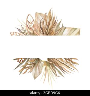 Foglie di palma secche alla moda, protea pallido, orchidea, erba di pampas, rosa di idrangea, fern, striscione per matrimoni in rustus bianco. Fiore alla moda. Beige, oro, marrone, rus Foto Stock