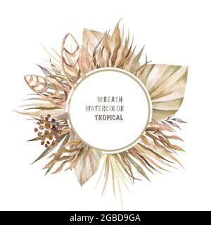 Foglie di palma secche alla moda, protea pallido, orchidea, erba di pampas, rosa di idrangea, fern, striscione per matrimoni in rustus bianco. Fiore alla moda. Beige, oro, marrone, RU Foto Stock