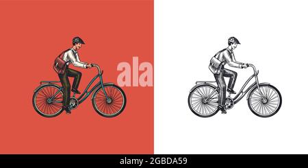 Un uomo in bicicletta. Trasporti ecocompatibili. Il postino guida una bicicletta. Emblema personalizzato vintage, badge per t-shirt. Stile retro monocromatico. Mano Illustrazione Vettoriale