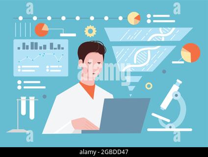 Uomo scienziato in laboratorio illustrazione vettoriale. Ricercatore che conduce la ricerca della molecola di dna con microscopio in un design di laboratorio piatto. Scienza Illustrazione Vettoriale