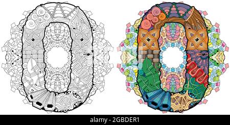 Disegno artistico dipinto a mano. Illustrazione mandala con numero zero. Set di colori e contorni Illustrazione Vettoriale