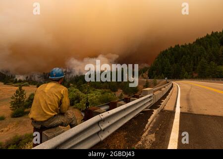 Hayfork, Stati Uniti. 01 agosto 2021. Un membro dell'equipaggio vigila sul fuoco nel caso in cui il McFarland Fire raggiunga l'autostrada 36 vicino a hayfork, California, il 1° agosto 2021. (Foto di Daniel Brown/Sipa USA) Credit: Sipa USA/Alamy Live News Foto Stock