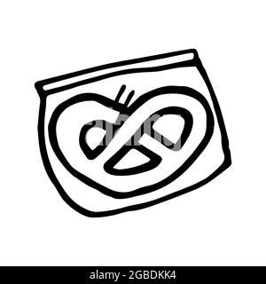 Pretzel disegnato a mano in una confezione di plastica. Simbolo snack in stile doodle. Illustrazione vettoriale isolata su sfondo bianco. Illustrazione Vettoriale