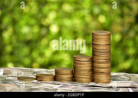 concetto di denaro indiano, rupie monete stack su sfondo verde offuscato, investimenti, fondi, crescita, business concept. Foto Stock