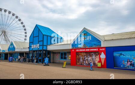 Great Yarmouth, Norfolk, Regno Unito – Luglio 12 2021. L'esterno del Sea Life Centre e la ruota panoramica sul Golden Mile, cioè fronte mare Foto Stock