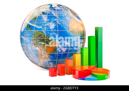 Globo terrestre con grafico a barre e grafico a torta della crescita. Business globale, finanza, concetto economico. Rendering 3D. Rendering 3D isolato su sfondo bianco Foto Stock