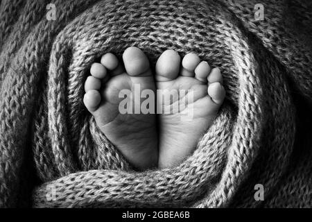 I piedi del bambino in una morbida coperta di lana blu chiaro. Foto in bianco e nero. Foto Stock