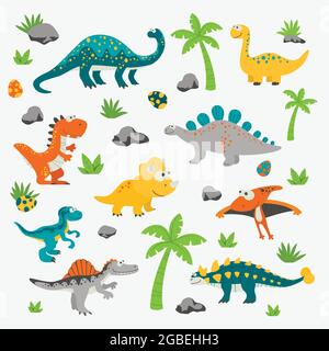 Dinosauri Vector cute e Funny Flat - T-rex, Stegosaurus, Velociraptor, Pterodactyl, Brachiosaurus, Ankylosaurus, Diplodocus, Spinosaurus Illustrazione Vettoriale