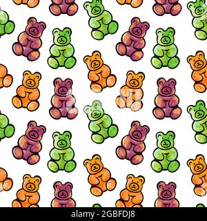 Illustrazione digitale di un modello senza giunture di caramelle di gelatina dolce sotto forma di orsacchiotti colorati su uno sfondo bianco. Illustrazione di alta qualità Foto Stock