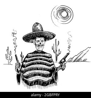 Scheletro umano in sombrero con pistole fumanti. Disegno in bianco e nero con inchiostro Foto Stock