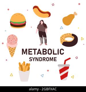 donna grassa con sindrome metabolica mangia cibo spazzatura troppo piace hamburger patatine fritte hot dog cibo malsano ti fa sovrappeso Illustrazione Vettoriale