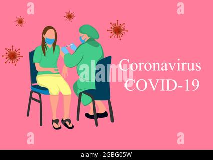 Un medico in una clinica che dà un vaccino del coronavirus ad un concetto di vaccinazione delle donne per la prevenzione della salute dell'immunità copia l'illustrazione del vettore spaziale Illustrazione Vettoriale