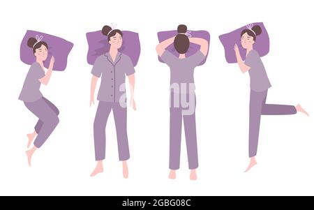 le varie delle quattro donne che dormono in posizione con pigiami viola e i loro cuscini viola rendono relax e comfort Illustrazione Vettoriale