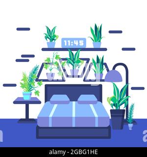 qualsiasi varie piante verdi in vaso messo nella vostra camera da letto con lenzuola blu e moquette blu rende la vostra camera più bella Illustrazione Vettoriale
