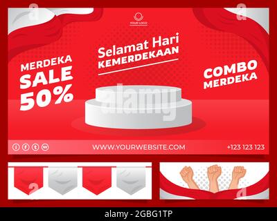 Indonesia Independence Day sale Vector design per modello banner, con concetto 3D podio per esposizione prodotti ed elementi aggiuntivi Illustrazione Vettoriale