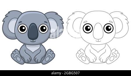 Zoo animale per bambini libro da colorare. Divertente koala in stile cartone animato. Tracciare i punti e colorare l'immagine Illustrazione Vettoriale