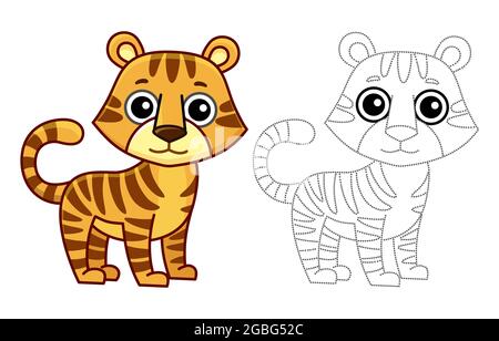 Zoo animale per bambini libro da colorare. Divertente tigre in stile cartone animato. Tracciare i punti e colorare l'immagine Illustrazione Vettoriale