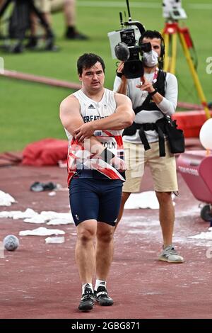 Tokyo, Giappone. 3 agosto 2021. Atletica. Stadio Olimpico. 10-1 Kasumigaokamachi. Shinjuku-ku. Tokyo. Scott Lincoln (GBR) nel colpo messo qualifica. Credit Garry Bowden/Sport in Pictures/Alamy Live News Credit: Sport in Pictures/Alamy Live News Foto Stock