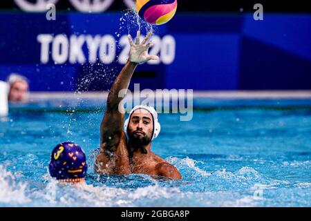 TOKYO, GIAPPONE - 4 AGOSTO: Max Irving degli Stati Uniti durante il torneo olimpico di Waterpolo di Tokyo 2020 Men Quarterfinal match tra la squadra degli Stati Uniti e la squadra Spagna al Tatsumi Waterpolo Center il 4 agosto 2021 a Tokyo, Giappone (Foto di Marcel ter Bals/Orange Pictures) Foto Stock