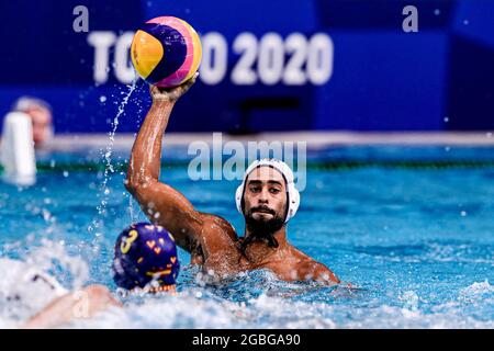 TOKYO, GIAPPONE - 4 AGOSTO: Max Irving degli Stati Uniti durante il torneo olimpico di Waterpolo di Tokyo 2020 Men Quarterfinal match tra la squadra degli Stati Uniti e la squadra Spagna al Tatsumi Waterpolo Center il 4 agosto 2021 a Tokyo, Giappone (Foto di Marcel ter Bals/Orange Pictures) Foto Stock