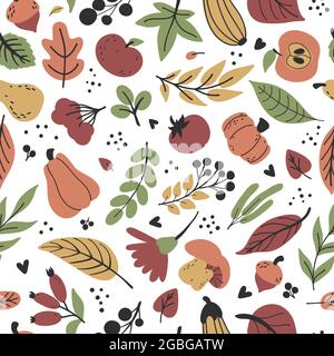 Modello senza giunture autunnali: Frutta, foglie, fiori, verdure. Tessuto piatto autunnale disegnato a mano nei colori verde, rosso, giallo, arancione. Illustrazione vettoriale Illustrazione Vettoriale