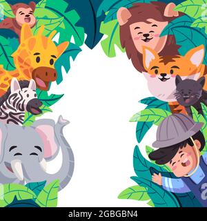 il modello della giungla design cornice con motivo animale nello zoo, come elefante tigre giraffe leone ghepardo e capretto foglie verdi Illustrazione Vettoriale