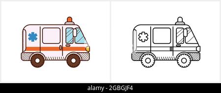 Pagina colorazione auto ambulanza. Vista laterale dell'ambulanza Illustrazione Vettoriale