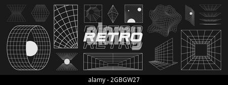 Insieme di elementi di design retrofuturistici, griglie prospettiche, tunnel, titolo RETRÒ, griglia polare, buco nero, bipiramide, portale circolare, gravità Illustrazione Vettoriale