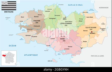 Mappa amministrativa vettoriale della regione francese della Bretagna con bandiera Illustrazione Vettoriale