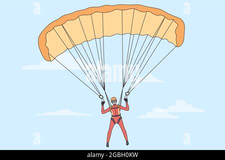 Concetto di sport e attività estreme. Paracadutista in costume sportivo volare su paracadute sport sensazione di adrenalina e libertà in illustrazione vettore cielo Illustrazione Vettoriale