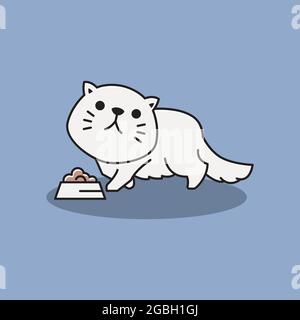 Carino adorabile gatto persiano Kitten mangiare cibo Cartoon Illustrazione Illustrazione Vettoriale
