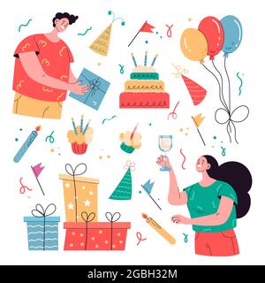 Illustrazione degli elementi di buon compleanno illustrazione vettoriale. Illustrazione Vettoriale