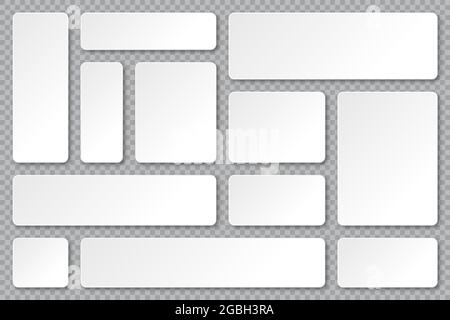 Set di striscioni di carta vuoti con ombre su sfondo trasparente. Adesivi, etichette con angoli arrotondati. Illustrazione vettoriale. Illustrazione Vettoriale