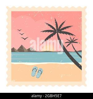 Spiaggia retrò linea del mare e tramonto - palme tropicali vettore alberi con sfondo paesaggio colorato Illustrazione Vettoriale
