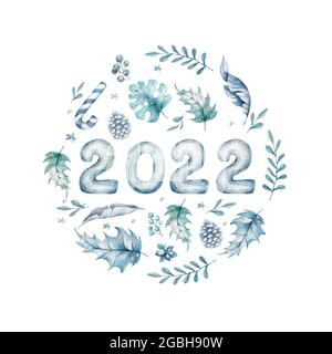 Felice anno nuovo 2022, l'anno dei numeri blu 2023,2024 e 2025 banner, cerchio frmae, costellazione simbolo per biglietti di auguri, invito, poster Foto Stock