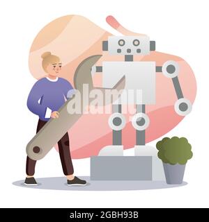 Robotica. Illustrazione colorata in stile piatto isolato. Lezioni scolastiche. Sviluppo di robot. Illustrazione Vettoriale