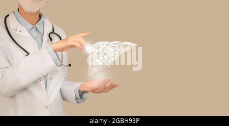 Medico femminile che tiene in mano il fegato virtuale. Organo umano Handrawn, spazio copia sul lato destro, colore beige. Concetto di assistenza sanitaria in magazzino ph Foto Stock