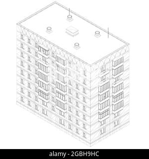 Il contorno di un edificio residenziale a più piani dalle linee nere isolate su uno sfondo bianco. Vista isometrica. 3D. Illustrazione vettoriale. Illustrazione Vettoriale