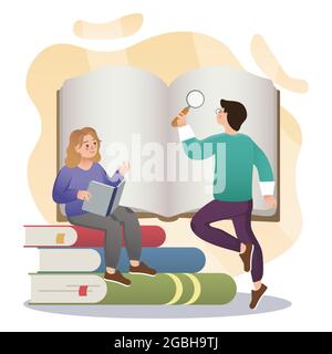 Documentazione. Illustrazione colorata in stile piatto isolato. Lezioni scolastiche. Studiare scrittori. Illustrazione Vettoriale