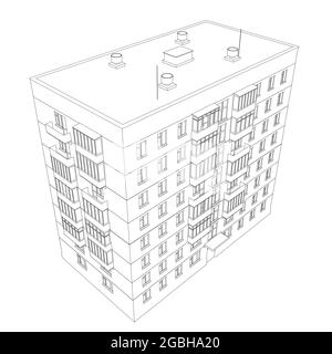 Il contorno di un edificio residenziale a più piani dalle linee nere isolate su uno sfondo bianco. 3D. Illustrazione vettoriale. Illustrazione Vettoriale