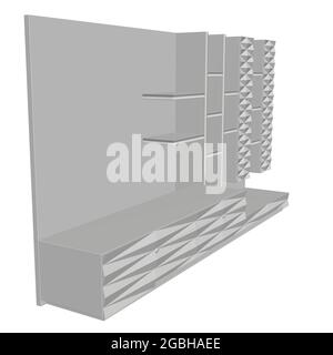 ampio armadio con ripiani isolati su sfondo bianco. 3D. Vista frontale. Parte dell'interno della stanza. Illustrazione vettoriale. Illustrazione Vettoriale