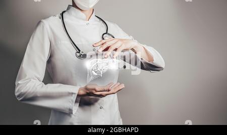 Medico femminile che tiene in mano il fegato virtuale. Organo umano Handrawn, spazio di copia sul lato destro, colore grigio hdr. Tecnologie sanitarie/scientifiche conc Foto Stock