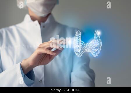 La dottoressa tocca la ghiandola tiroidea virtuale in mano. Foto sfocata, organo umano lavorato a mano, evidenziato in blu come simbolo di guarigione. Ospedale sanitario Foto Stock