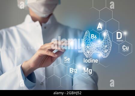 Sostanze nutritive essenziali per la salute della ghiandola tiroidea, tra cui iodio, Selenuim, vitamina B6, Cuprum. Ritratto offuscato del medico che tiene evidenziato Thyro blu Foto Stock