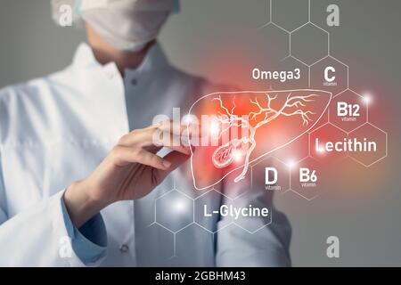 Nutrienti essenziali per la salute della vescica di gallina, tra cui Omega 3, L-glicina, Omega3, lecitina. Ritratto offuscato del medico che tiene evidenziato Gall Bl rosso Foto Stock